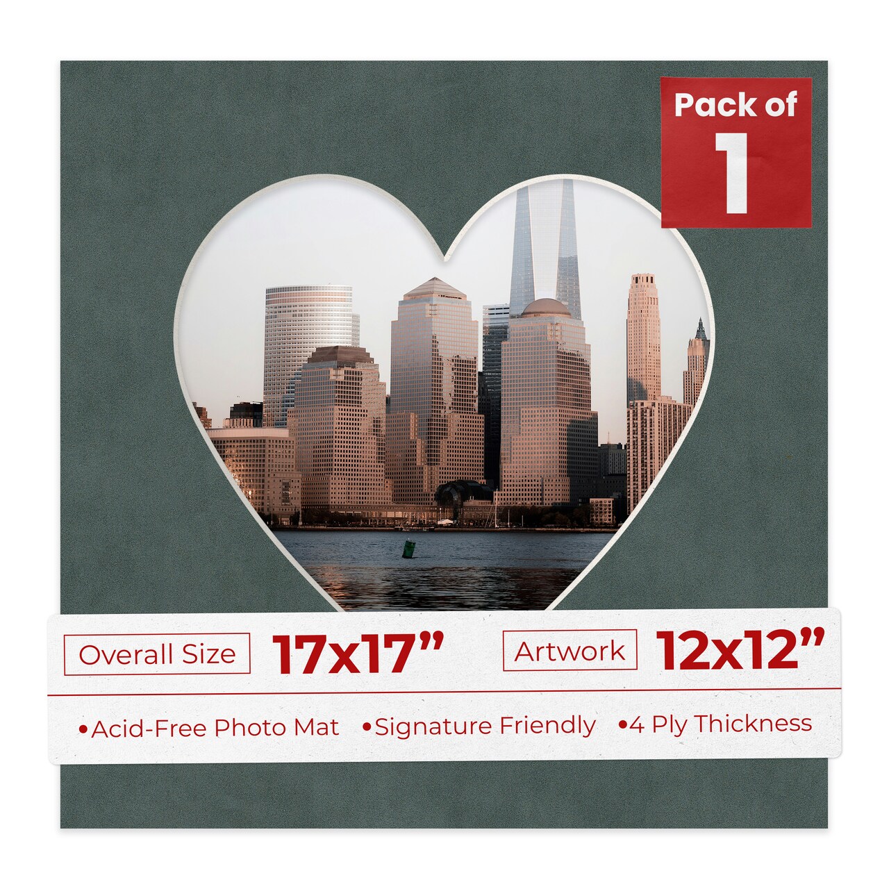 Dark Grey Suede Mat Board for 17x17 Frames - Heart Opening for 12x12 Photos
